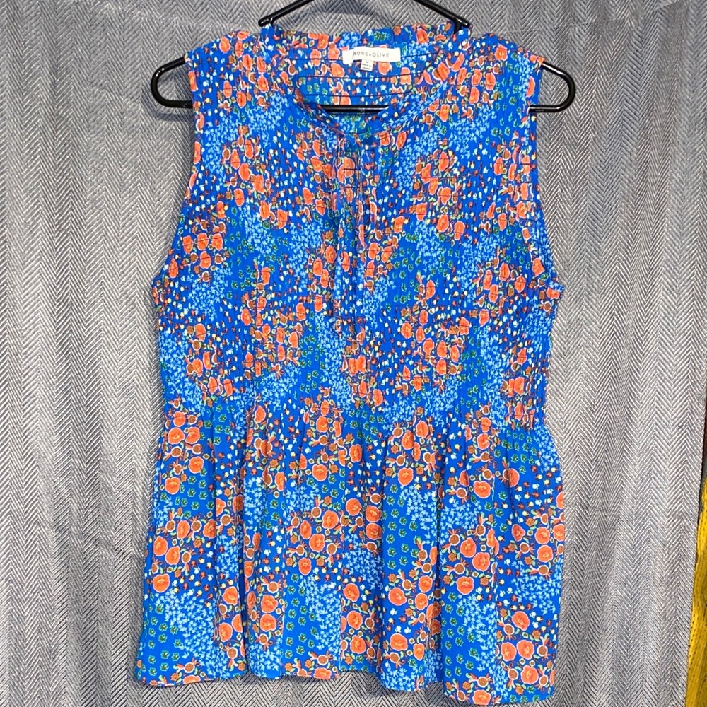 Rose & Olive Blue Floral Sleeveless Blouse with Orange Accents